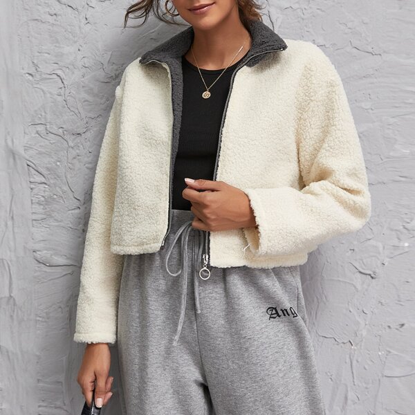 

Drop Shoulder Zip Up Teddy Jacket, Beige