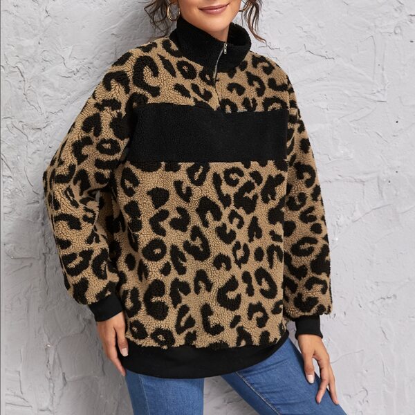 

Drop Shoulder Half Zip Colorblock Leopard Teddy Sweatshirt, Multicolor