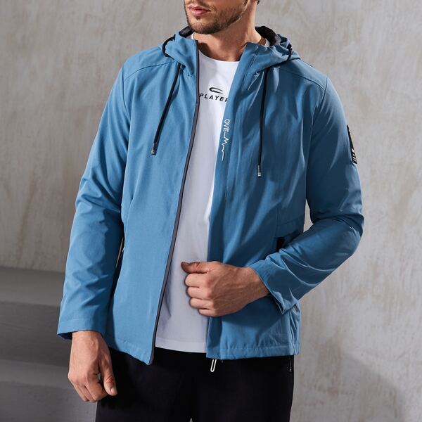 

Men Letter Graphic Drawstring Hooded Sports Jacket, Blue