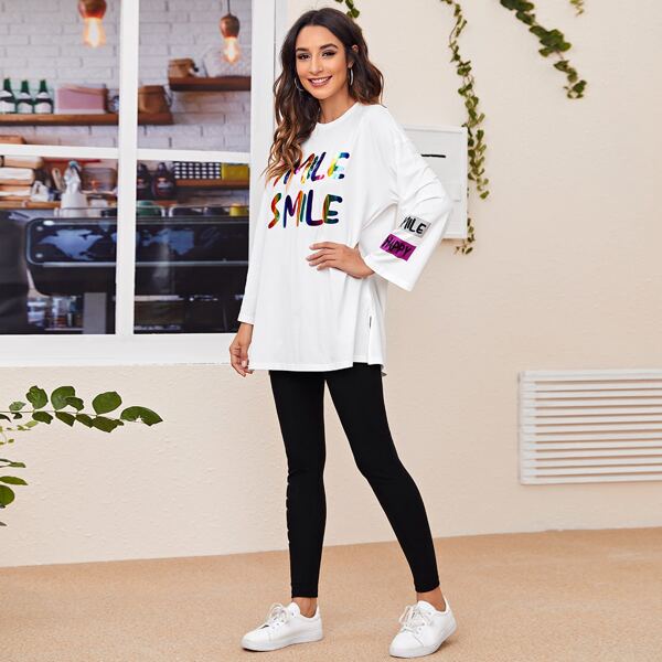 

Colorful Metallic Letter Graphic Top& Leggings Set, Black and white