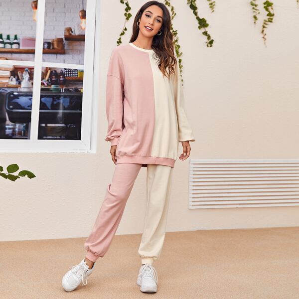

Drop Shoulder Two Tone Longline Pullover and Joggers Set, Multicolor