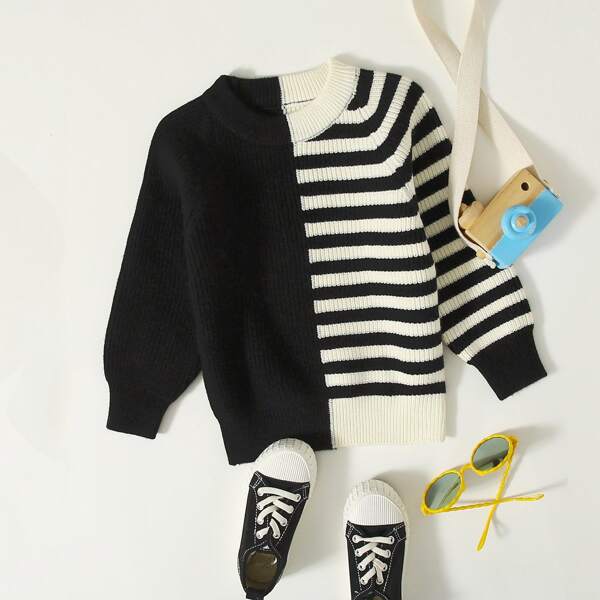 

Toddler Boys Striped Raglan Sleeve Spliced Sweater, Black and white