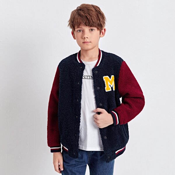 

Boys Letter and Striped Pattern Teddy Bomber Jacket, Navy blue