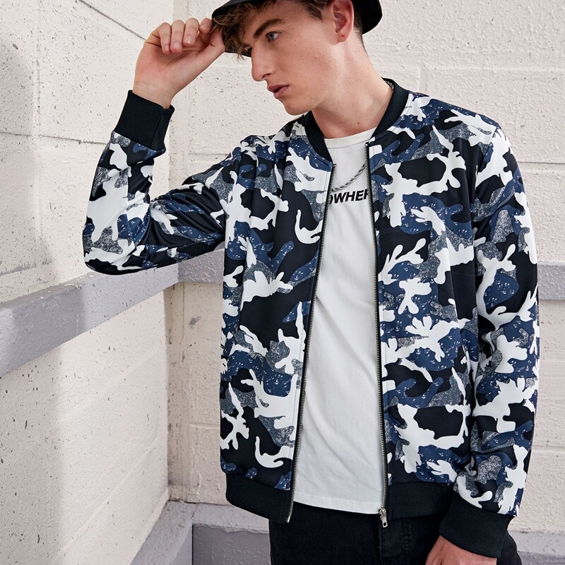 

Guys All Over Print Zip Up Bomber Jacket, Black