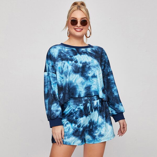 

Plus Tie Dye Print Drop Shoulder Tee & Track Shorts, Blue