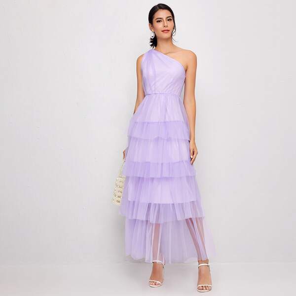

One Shoulder Layered Ruffle Mesh Overlay Dress, Pastel lilac purple