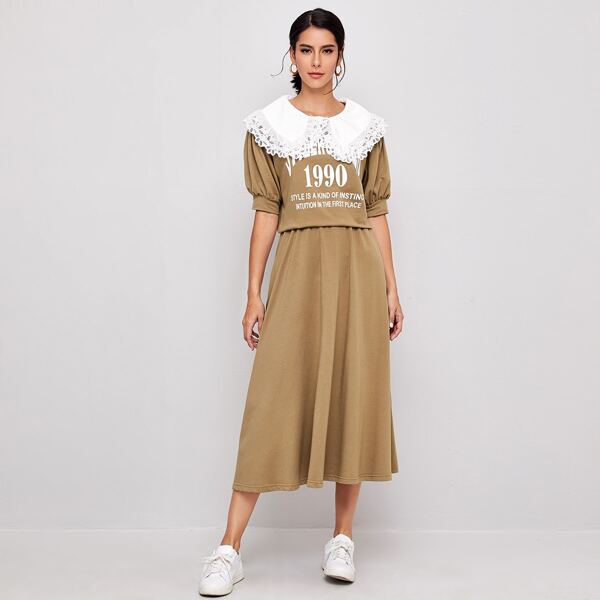 

Statement Collar Slogan Graphic Top & Skirt Set, Camel
