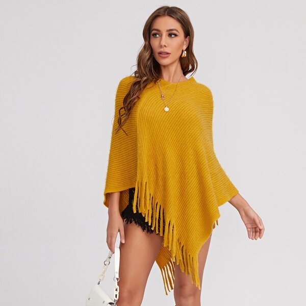 

Fringe Hem Poncho Sweater, Mustard yellow