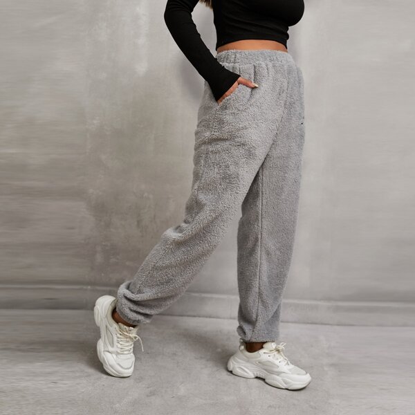 

Elastic Waist Slogan Embroidery Teddy Pants, Grey