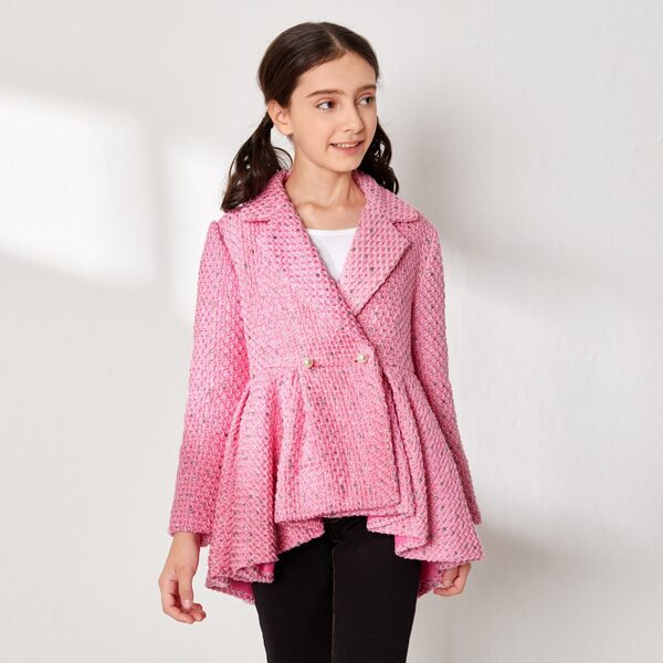 

Girls Notch Collar Asymmetrical Ruffle Hem Tweed Coat, Pink