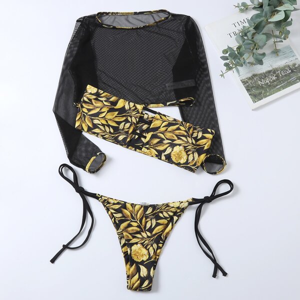 

3pack Leaf Print Cut-out Bandeau Bikini Swimsuit With Top, Multicolor