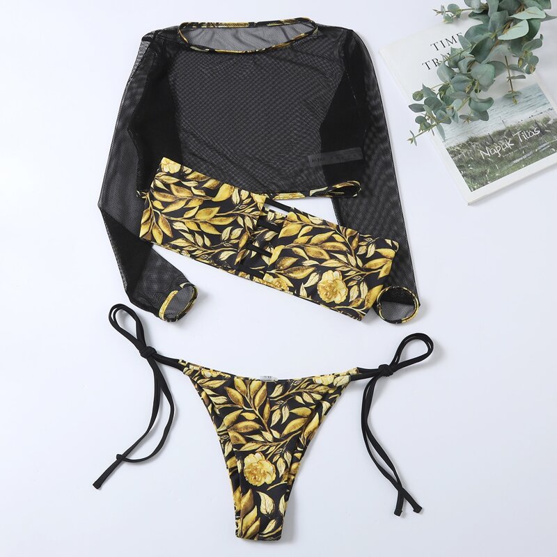 

3pack Leaf Print Cut-out Bandeau Bikini Swimsuit With Top, Multicolor