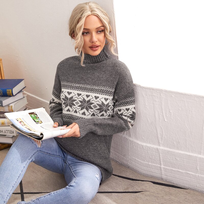 

Geo & Heart Pattern Turtleneck Sweater, Grey
