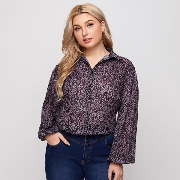

Plus Leopard Print Button Up Chiffon Blouse, Multicolor
