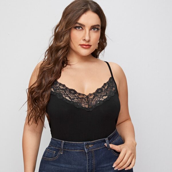 

Plus Lace Trim Cami Top, Black