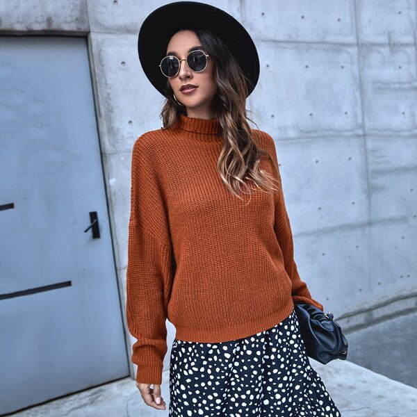 

High Neck Drop Shoulder Sweater, Burnt orange