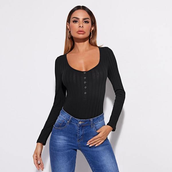 

Press Buttoned Ribbed Top, Black