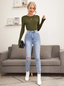 SHEIN BASICS Cotton Rib-knit Solid Form Fitted Tee - Army Green - View 4