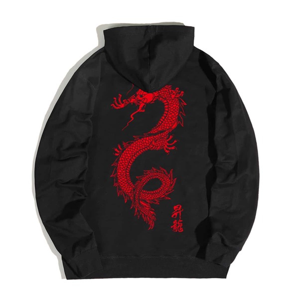 

Men Chinese Letter & Dragon Graphic Drawstring Hoodie, Black