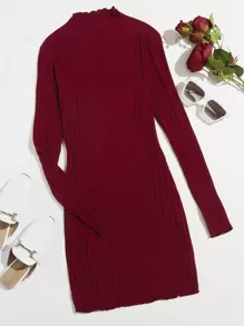 SHEIN Privé Mock-Neck Lettuce Trim Rib-knit Dress - Burgundy - View 1