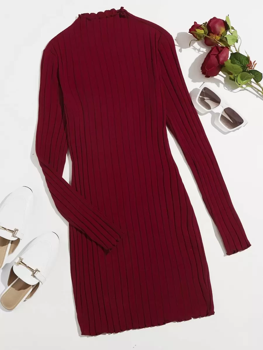 SHEIN Privé Mock-Neck Lettuce Trim Rib-knit Dress - Burgundy - View 1