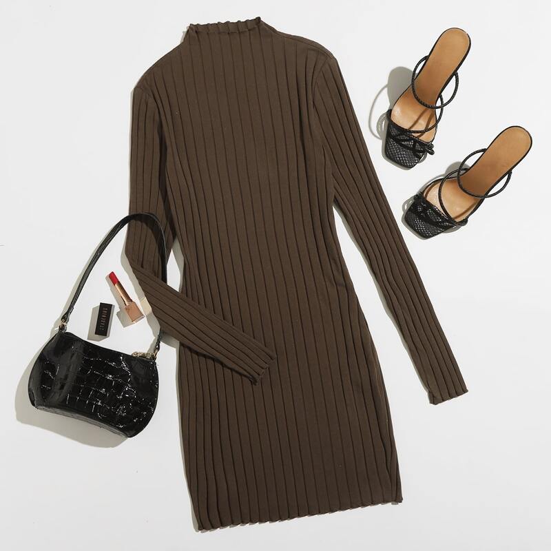 

Mock-Neck Lettuce Trim Rib-knit Dress, Chocolate brown