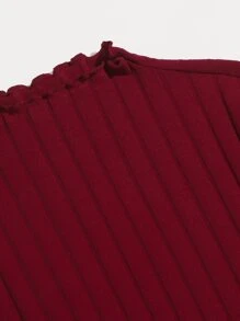 SHEIN Privé Mock-Neck Lettuce Trim Rib-knit Dress - Burgundy - View 5