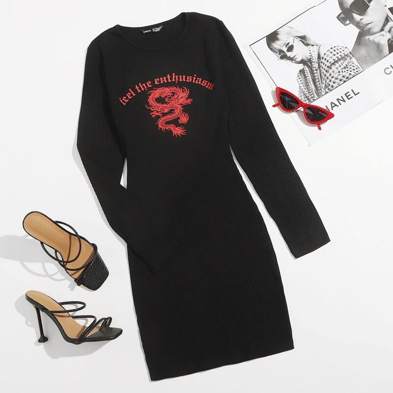 

Chinese Dragon and Letter Graphic Rib-knit Dress, Black