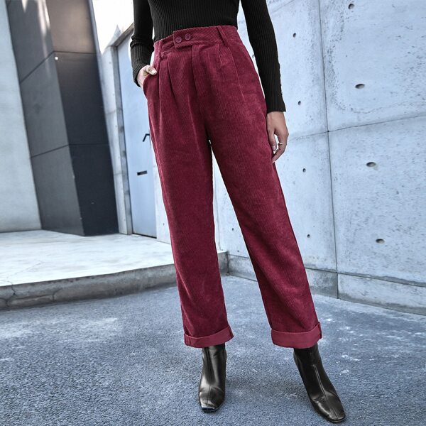 

Solid Corduroy Straight Leg Pants, Rose red