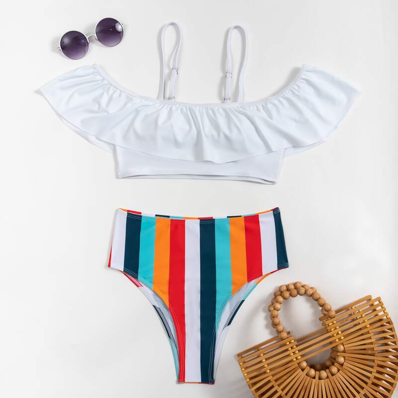 

Colorful Striped Flounce Hem Bikini Swimsuit, Multicolor
