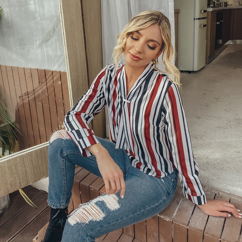

Colorblock Striped Print Tie Neck Blouse, Multicolor