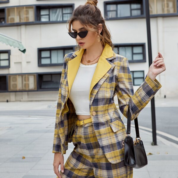

Lapel Neck Tartan Blazer & Belted Pants, Multicolor