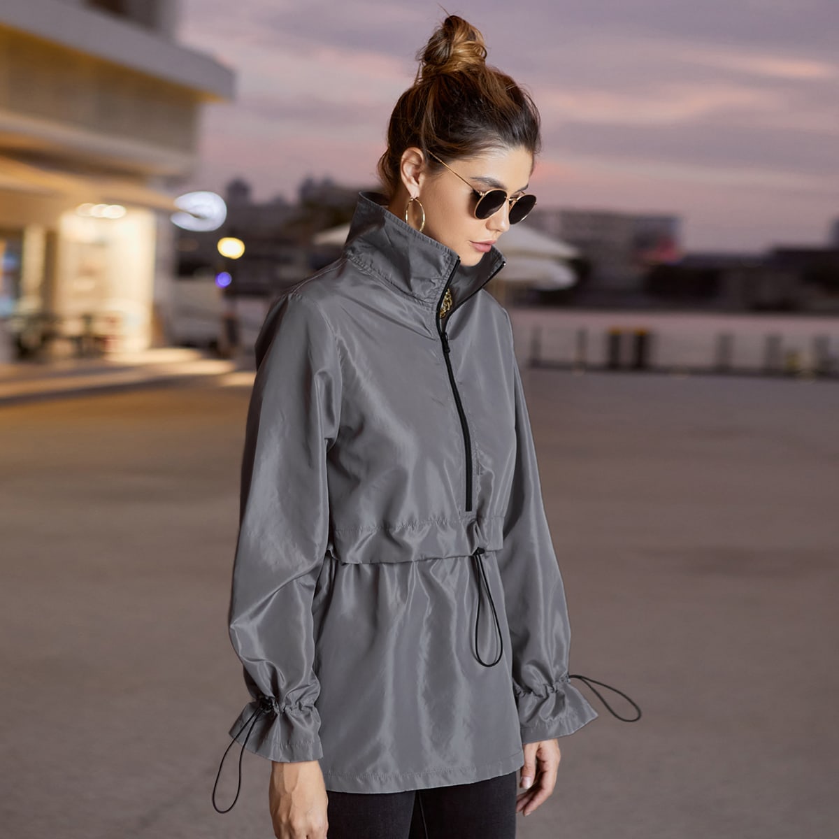 Image of Half Zip Drawstring Waist Windbreaker Jacket