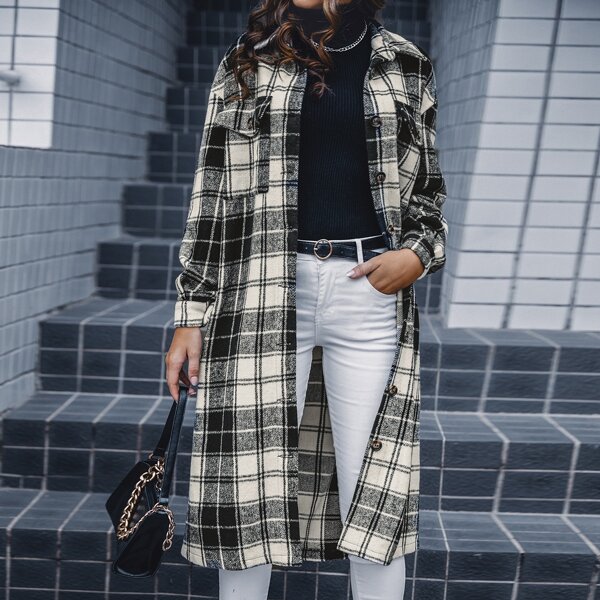 

Plaid Flap Pocket Drop Shoulder Overcoat, Black and white