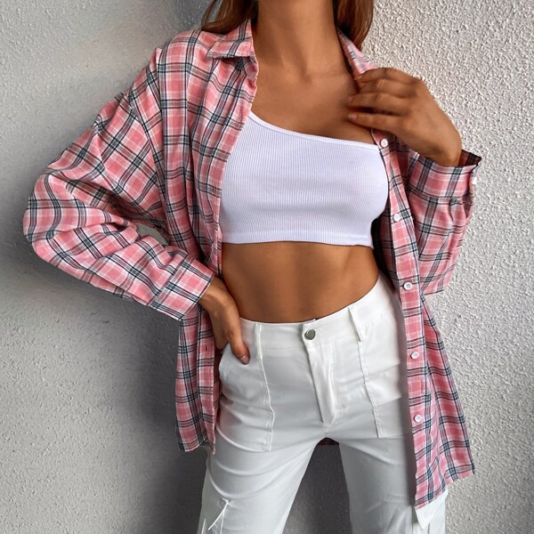 

Tartan Plaid Button Up Blouse, Pink