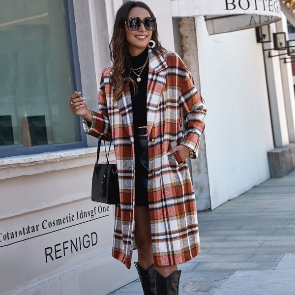 

Plaid Lapel Collar Slant Pockets Overcoat, Multicolor