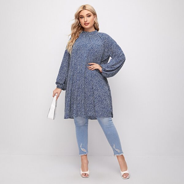 

Plus Leopard Print Stand Collar Longline Blouse, Blue and white