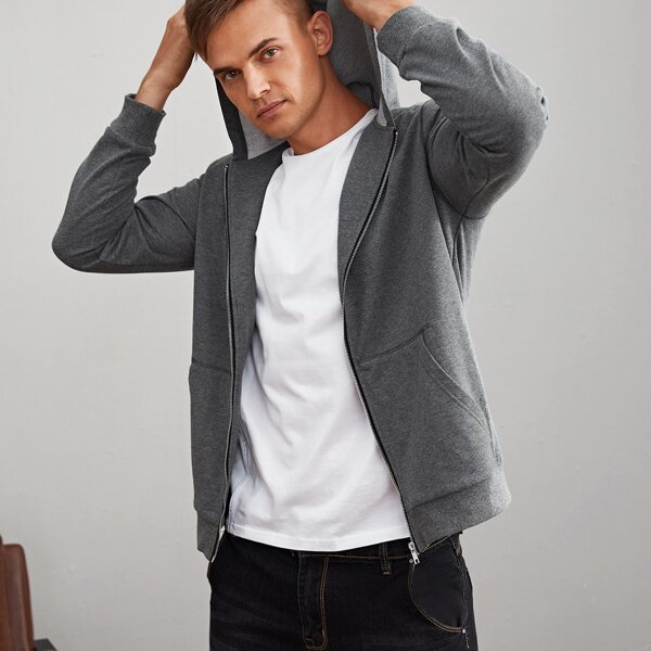 

Men Patch Pocket Zipper Up Hooded Sweatshirt, Dark grey