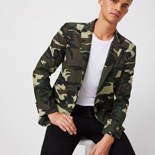 

Men Lapel Collar Flap Detail Camo Blazer, Multicolor