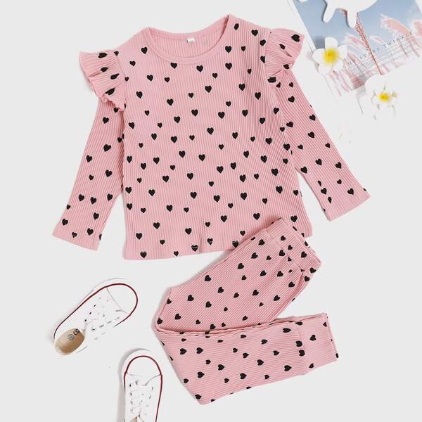 

Toddler Girls Allover Heart Print Ruffle Tee & Sweatpants, Dusty pink