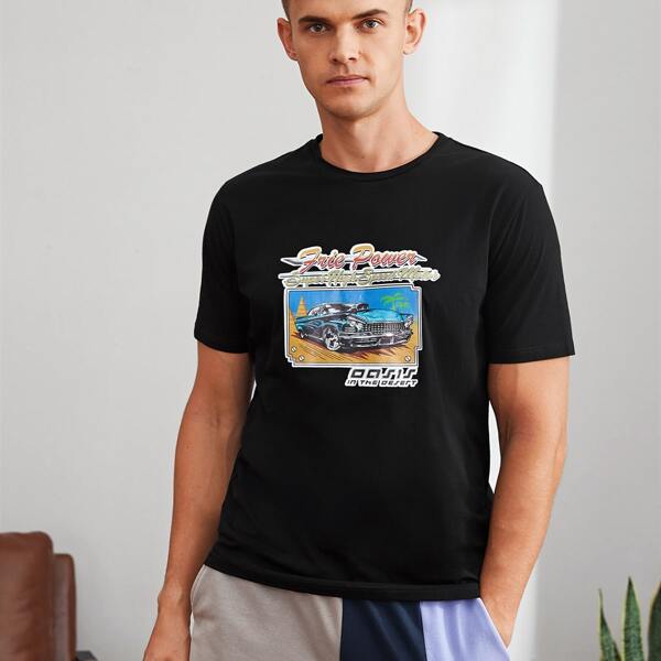 

Men Car & Letter Graphic Tee, Black
