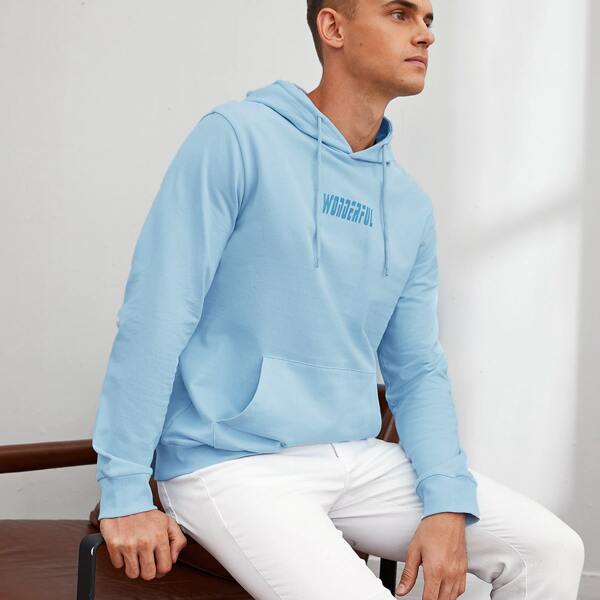 

Men Pouch Pocket Letter Graphic Hoodie, Pastel baby blue