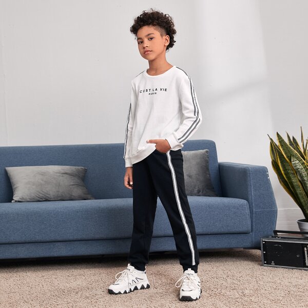 

Boys Slogan Graphic Tape Detail Pullover & Joggers Set, Black and white