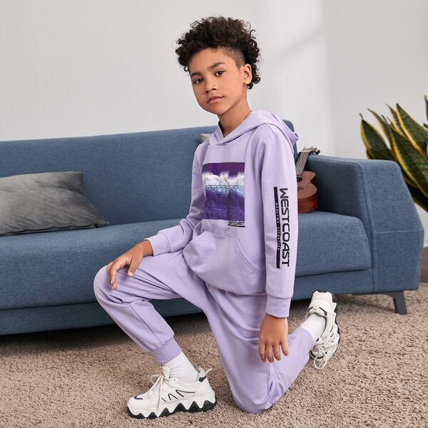 

Boys Pouch Pocket Letter Graphic Hoodie & Joggers Set, Pastel lilac purple