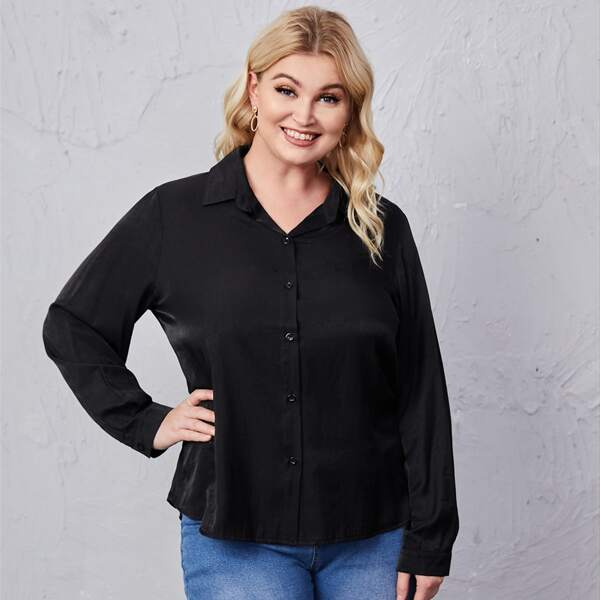 

Plus Solid Button Up Blouse, Black