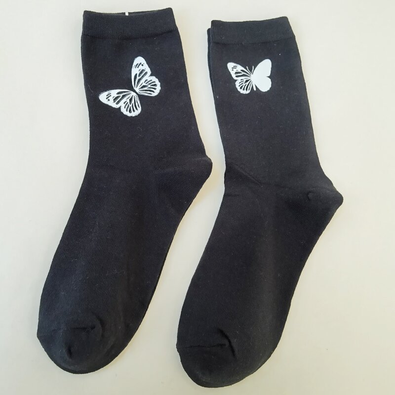 

2pairs Butterfly Print Crew Socks, Dark grey