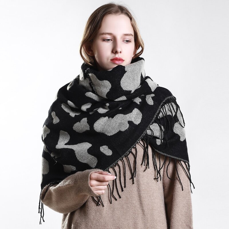 

Cow Print Tassel Decor Scarf, Black