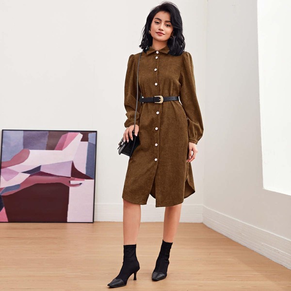 

Lantern Sleeve Curved Hem Cord Shirt Dress Without Belt, Brown