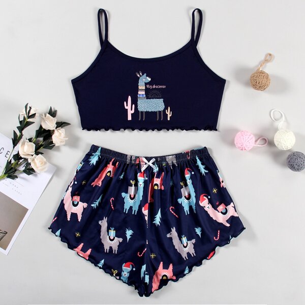 

Letter & Cartoon Graphic Crop Cami Top & Bow Shorts Pajama Set, Navy blue
