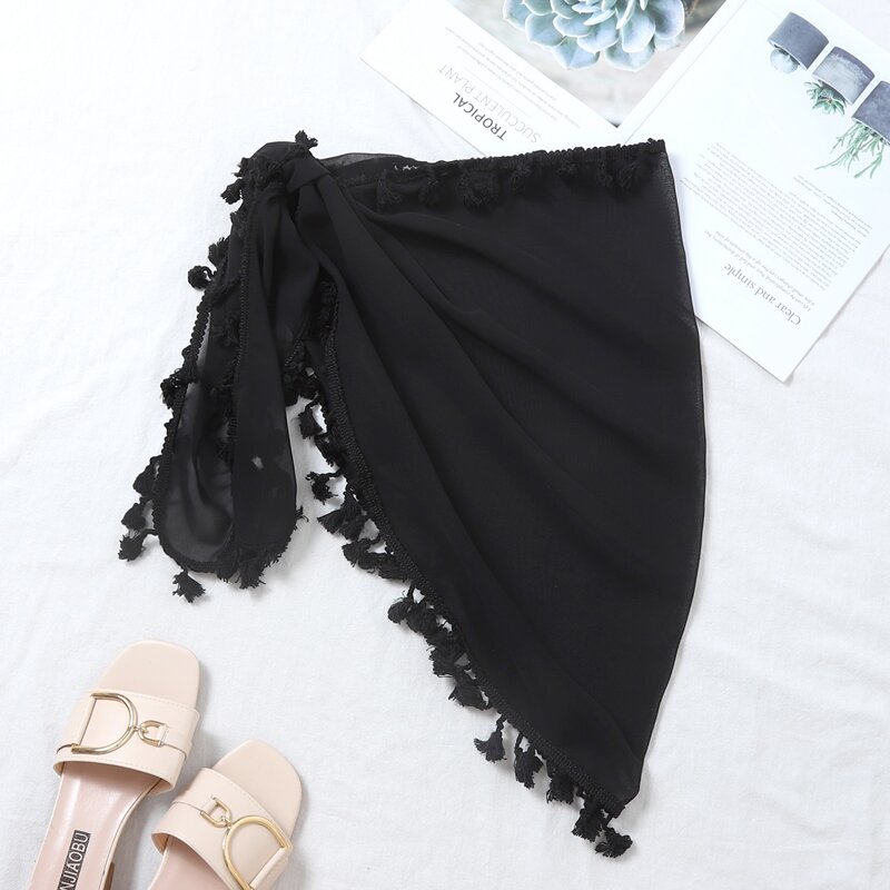 

Tassel Trim Knot Front Mesh Cover Up Skirt, Black